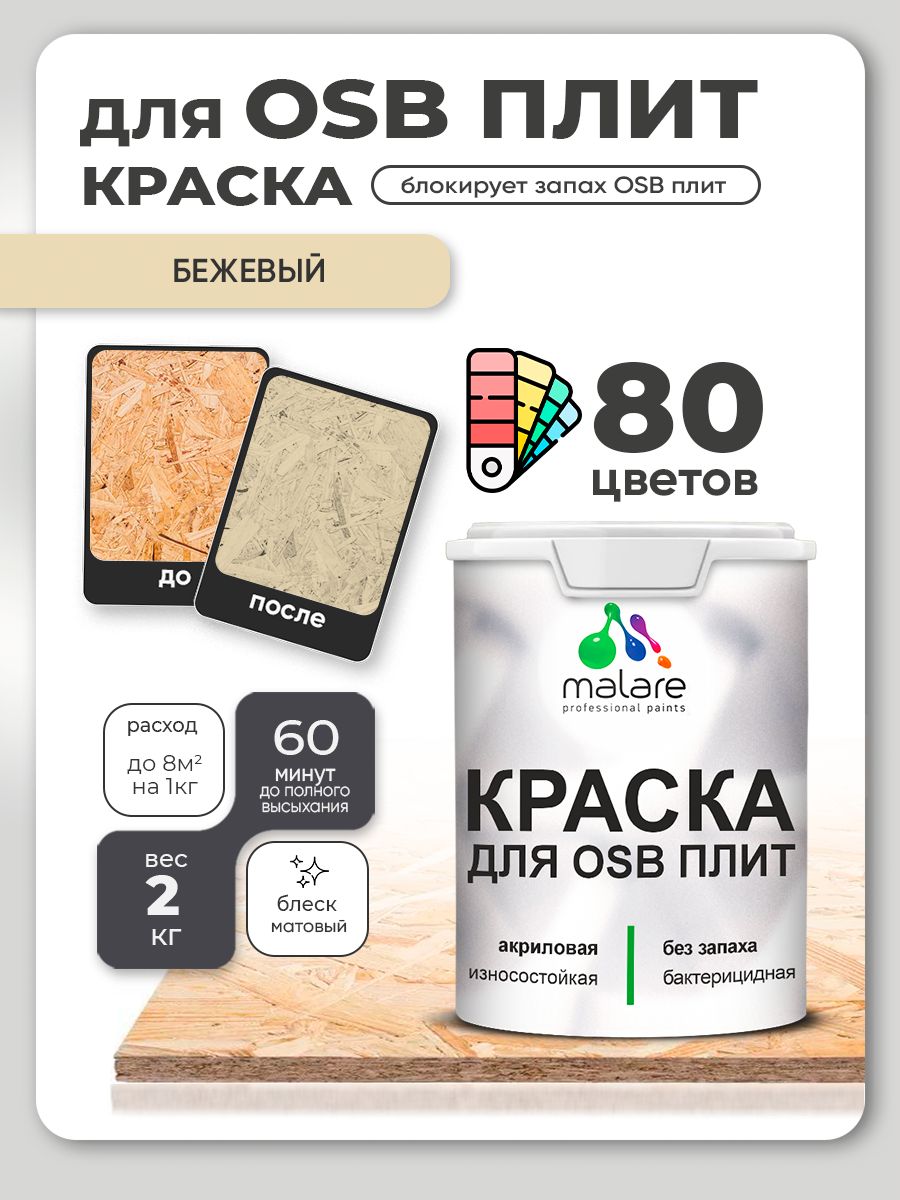 Акриловая краска для ОСБ плит Malare для дерева для наружных и внутренних работ, быстросохнущая без запаха матовая, бежевый, 2 кг