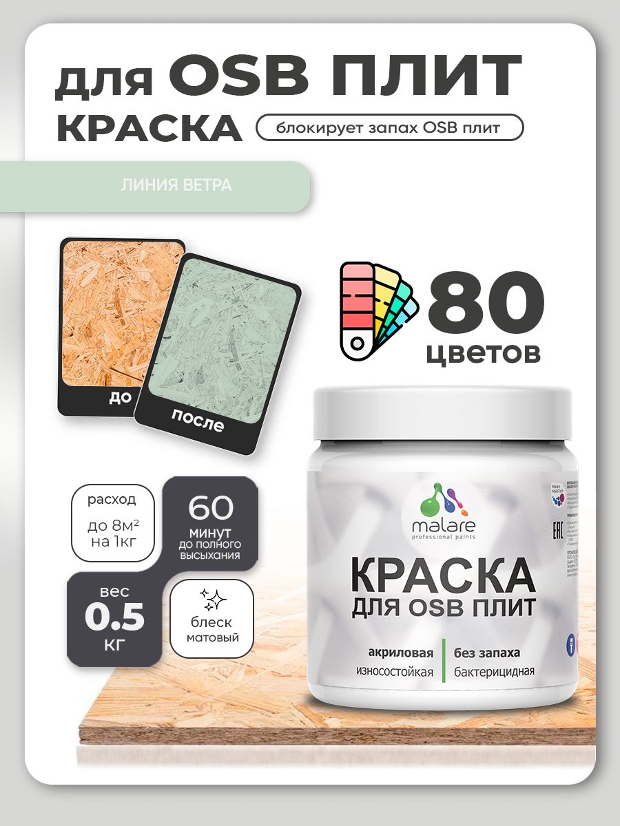 Акриловая краска для ОСБ плит Malare для дерева для наружных и внутренних работ, быстросохнущая без запаха матовая, линия ветра, 0.5 кг