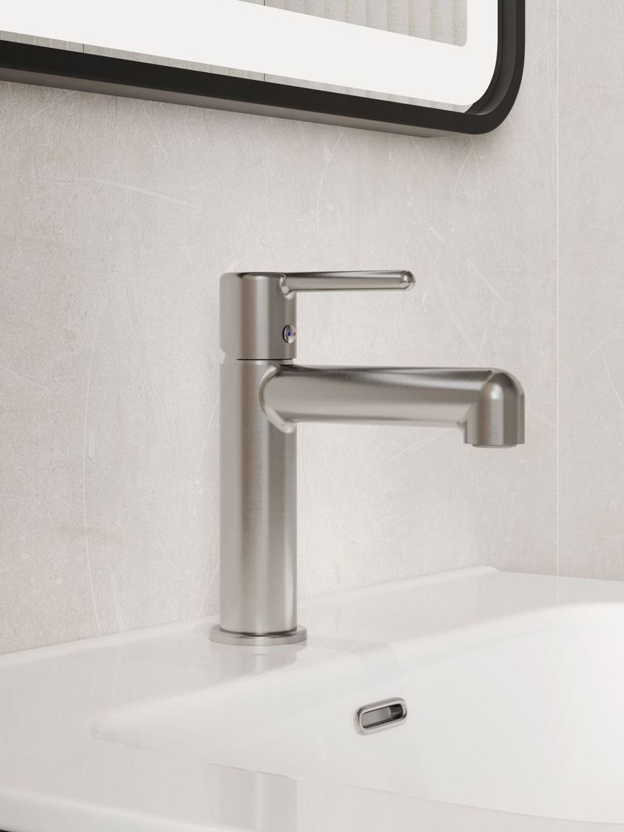 Фото товара на маркетплейсе ozon Cмеситель для раковины IDDIS, латунь, хром матовый, современный стиль, Aiger, AIGBC00i01