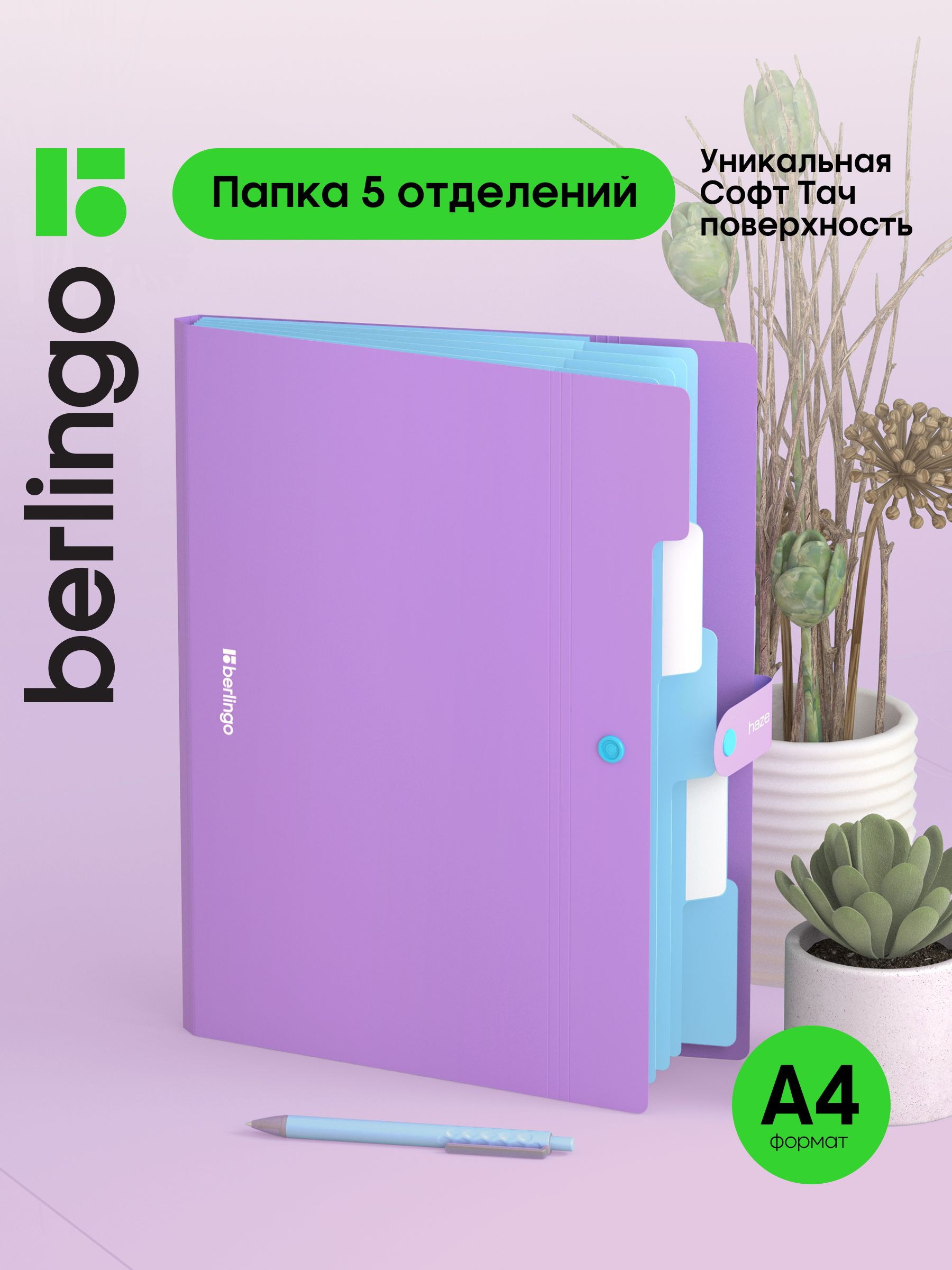ПапкаорганайзердляхранениядокументовнакнопкеBerlingoHaze,семейная,5отделений,А4,сиреневая