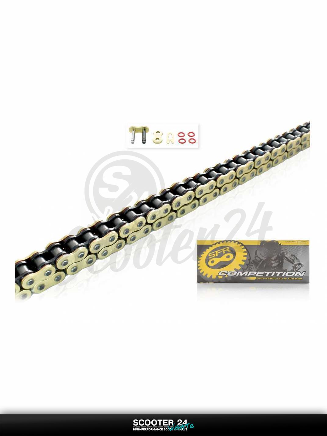 Цепь приводная трансмиссии на мотоцикл 428 HPO 136 звеньев сальниковая O Ring "SFR" (GOLD/BLACK)