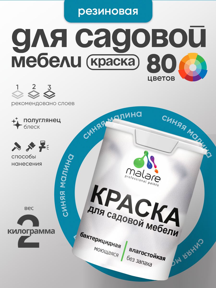 Резиновая краска Malare для садовой мебели/ по дереву, для наружных и внутренних работ/ быстросохнущая моющаяся без запаха полуглянцевая, синяя малина, 2 кг
