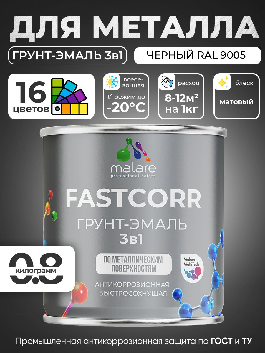 Грунт-эмаль по ржавчине 3 в 1 Malare FastCorr краска для металла, антикоррозионная износостойкая быстросохнущая RAL 9005, черный, матовая, 0,8 кг.