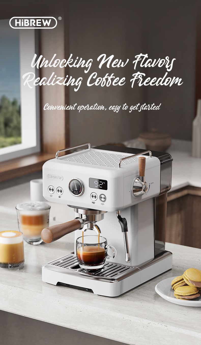 HiBREWКофеваркарожковаяПолуавтоматическаякофемашинадляэспрессо;H10PLUS;20Bar;срегулируемойтемпературой,белый,серый