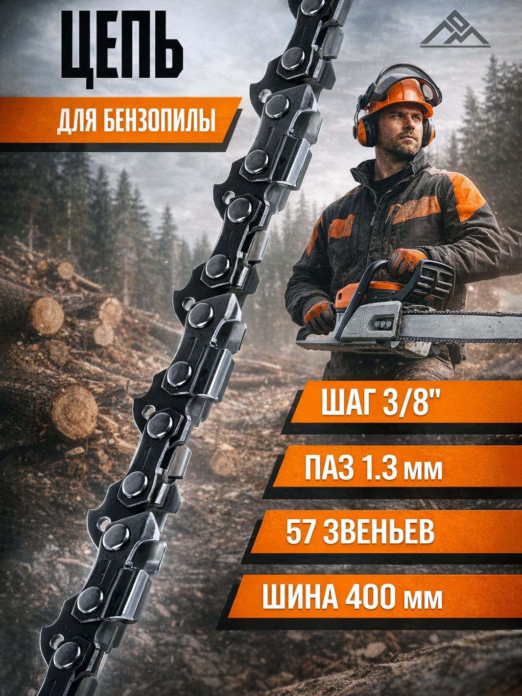 Цепь для бензопилы ЛОМ, 16", 400 мм, ширина паза 1.3 мм, шаг 3/8", 57 звеньев