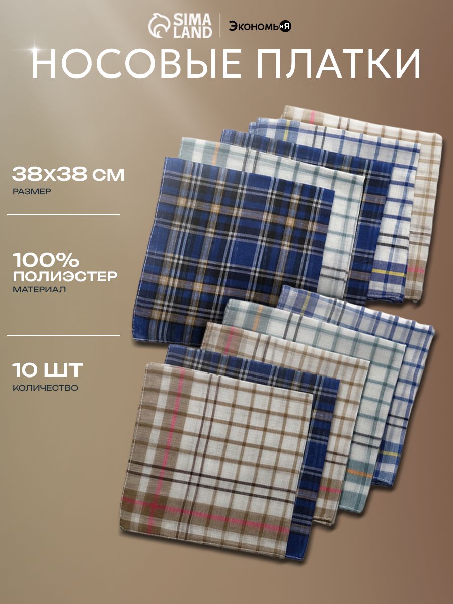Носовые платки мужские "Квадрат" 38x38 см, набор 10 шт.