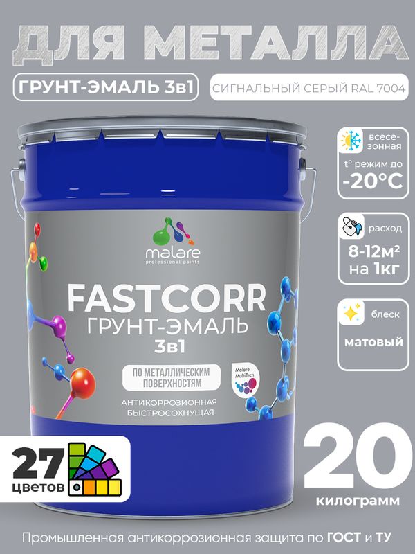 Грунт-эмаль по ржавчине 3 в 1 Malare FastCorr краска для металла, антикоррозионная износостойкая быстросохнущая RAL 7004, сигнальный серый, матовая, 20 кг.