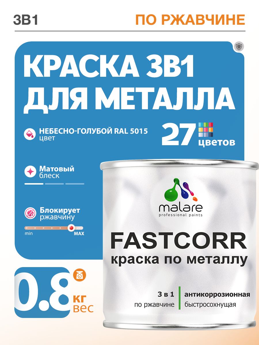 Краска для металла по ржавчине Malare FastCorr, для наружных работ износостойкая, быстросохнущая RAL 5015 небесно-голубой, матовая, 0,8 кг
