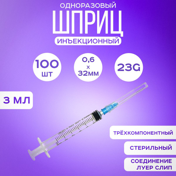 Шприц 3 мл медицинский инъекционный одноразовый, 100 шт - купить с ...