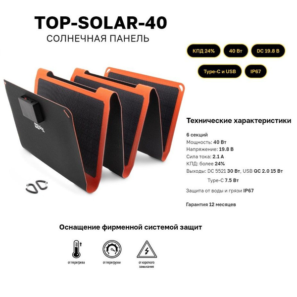 Солнечная батарея TOP-SOLAR-40 40W DC 19.8V, USB QC3.0 и Type-C ...