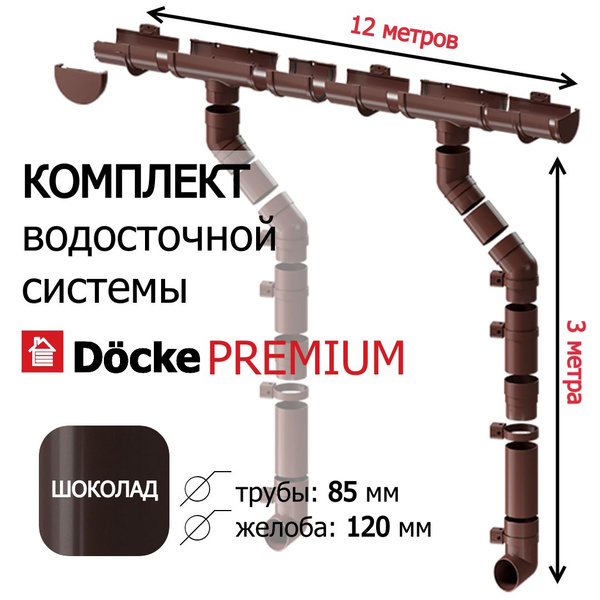 Водосточная система, Docke Premium, 12м/3м, RAL 8019, цвет шоколад ...