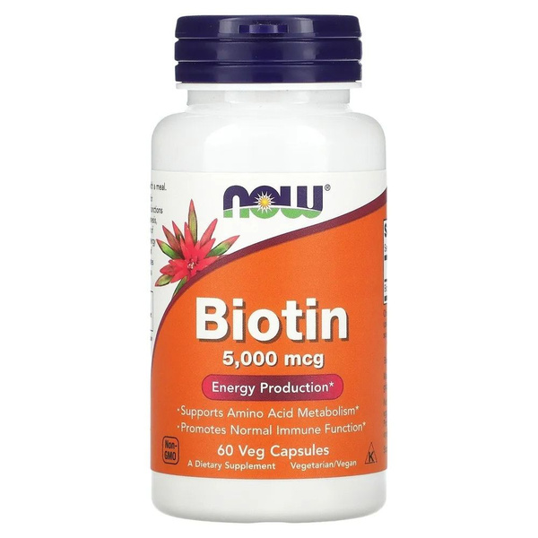 NOW Biotin 5000 мкг, для волос, 60 вегетарианских капсул - купить с ...