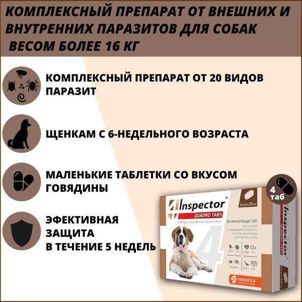 Таблетки Neoterica Inspector Quadro Tabs для собак более 16 кг, 4 табл ...