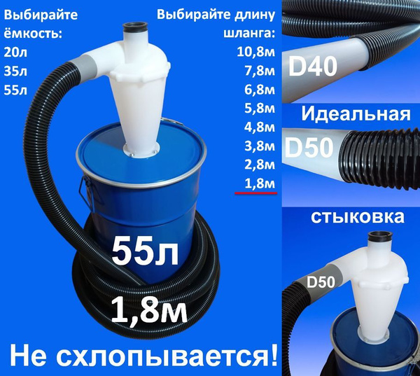 Циклон 55л+шланг 1.8м! НЕ СХЛОПЫВАЕТСЯ! Циклонный фильтр насадка для ...