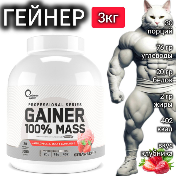 Гейнер для набора массы Optimum System 100% Mass Gainer 3000 гр, гейнер ...