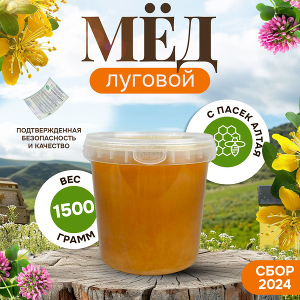 Алтайский натуральный мед "Луговой" 1,5 кг., СБОР 2024, стеклянная ...