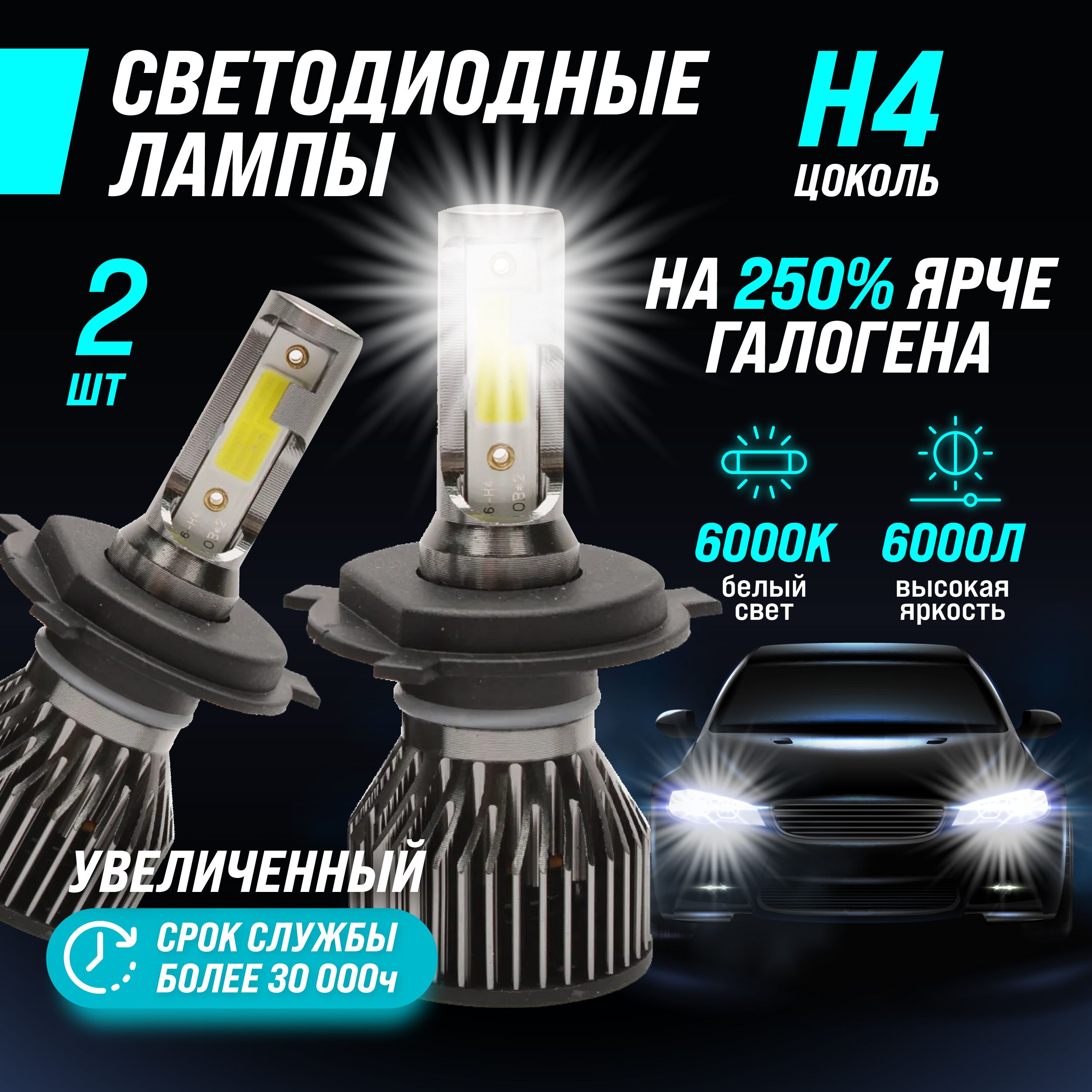 Светодиодные лампы лед H4 для авто, led в фары, 2 шт.