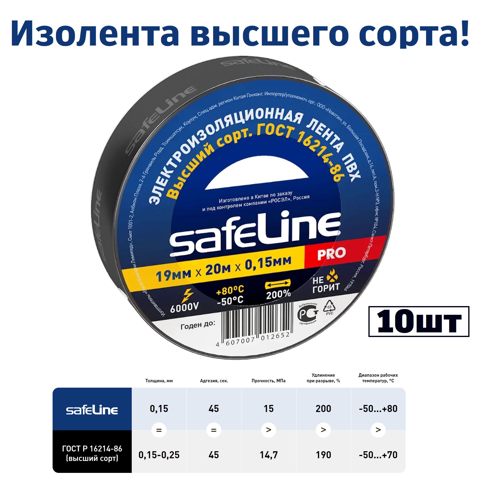 Safeline Изолента 19 мм 20 м 15 мкм, 10 шт.