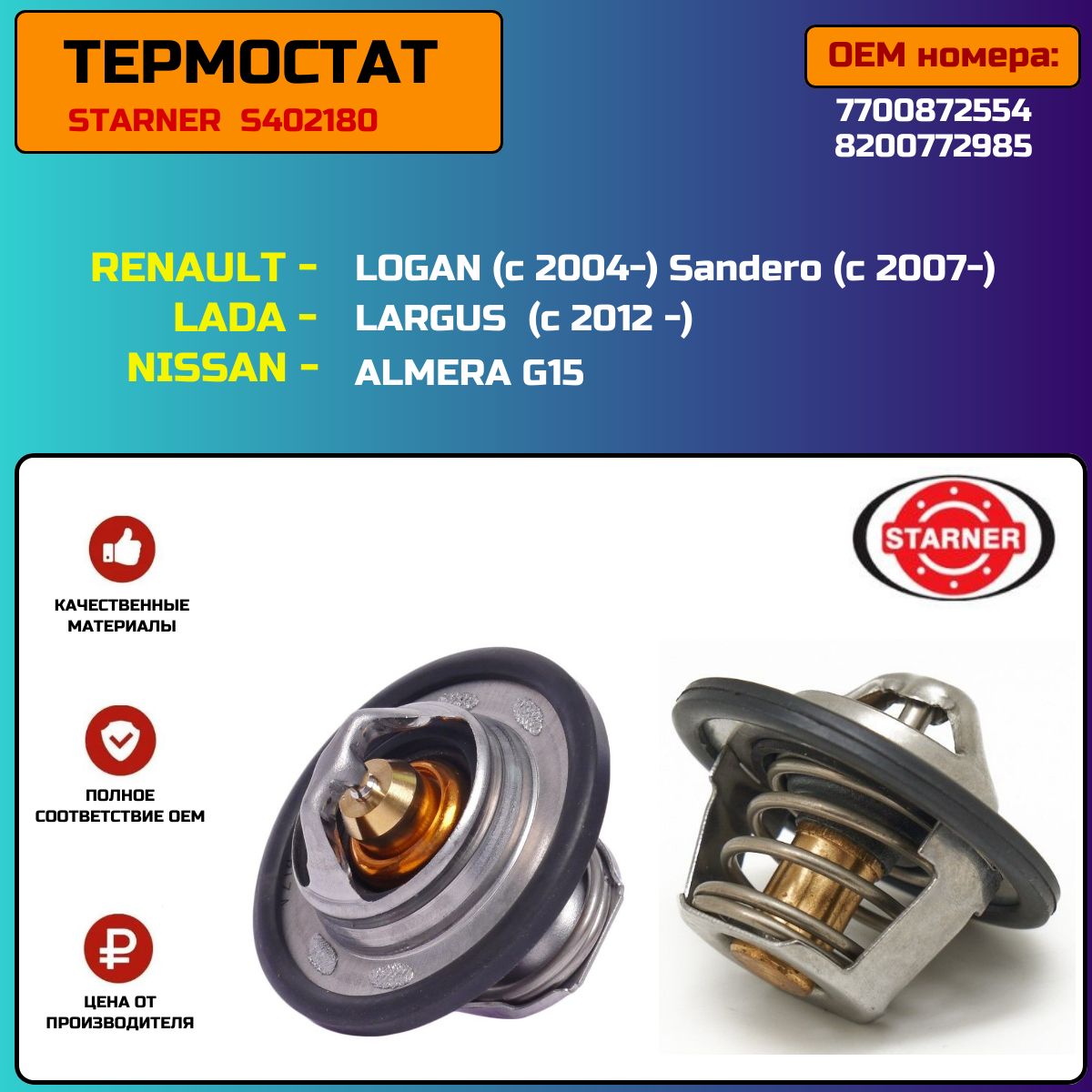 ТермостатдляRENAULTLOGAN2004-/SANDERO2007-/LADALARGUS2012-/NISSANALMERAG15RA