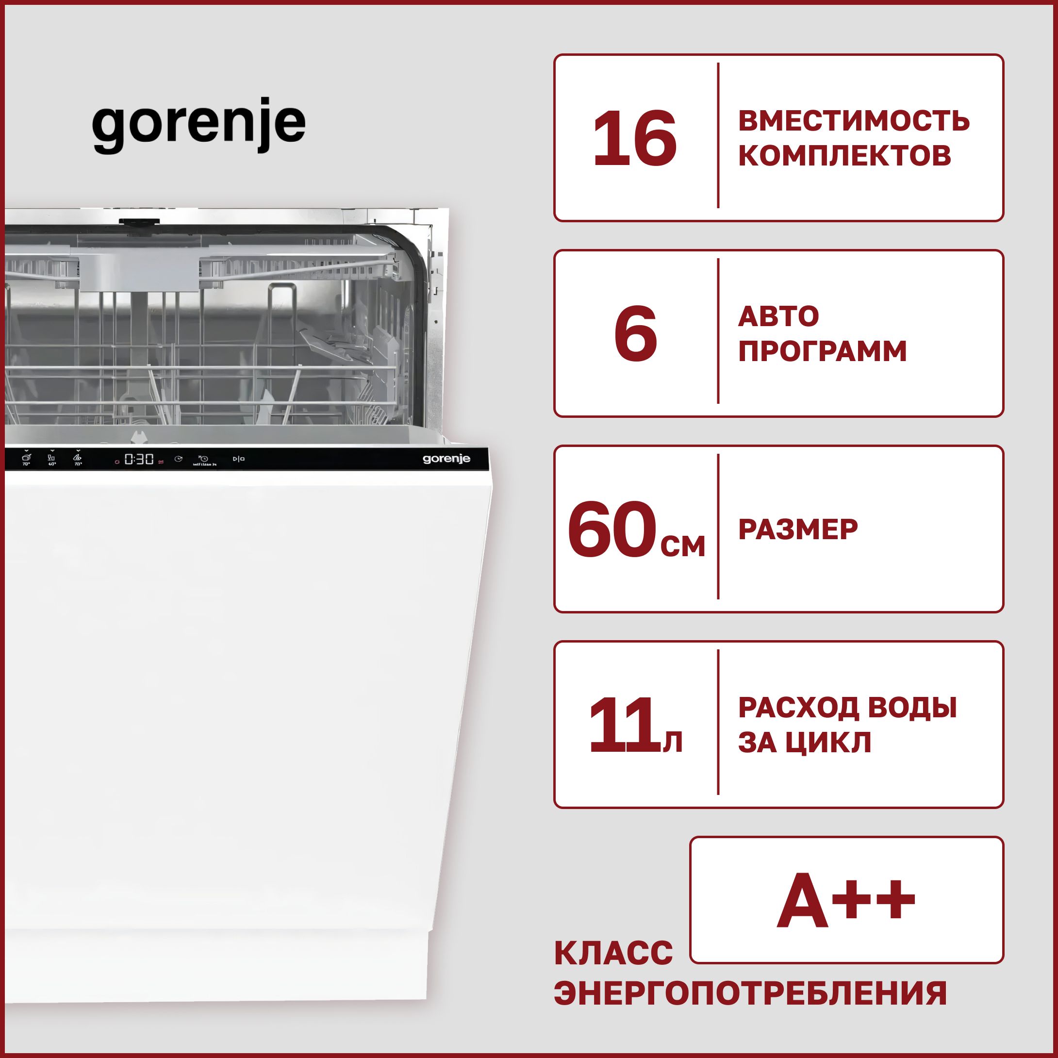 ВстраиваемаяпосудомоечнаямашинаGorenjeGV643E90на16комплектов,6программ,защитаотпротечек,быстраямойка,типсушкиконденсационная,