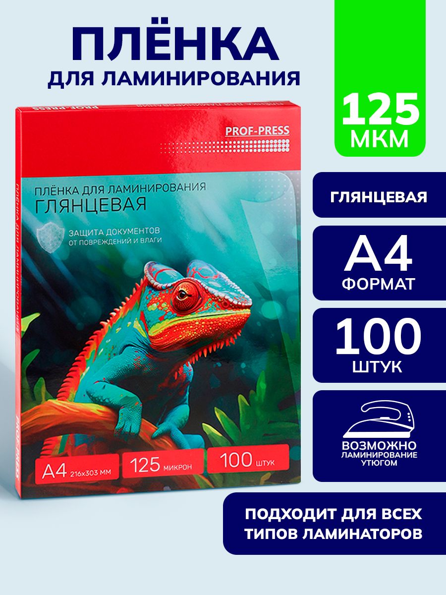 ПленкадляламинированияProf-Press,глянцевая,100штук,толщина125мкр,размерА4,216*303мм(ПЛЛ-2653)