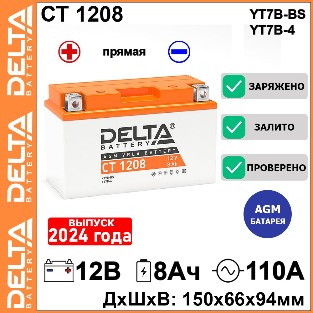 МотоаккумуляторстартерныйDeltaCT120812В8Ачпрямаяполярность110А(12V8Ah)(YT7B-BS;YT7B-4;YT9B-BS)аккумулятордлямотоцикла,мопеда,скутера,квадроцикла,снегохода,генератора