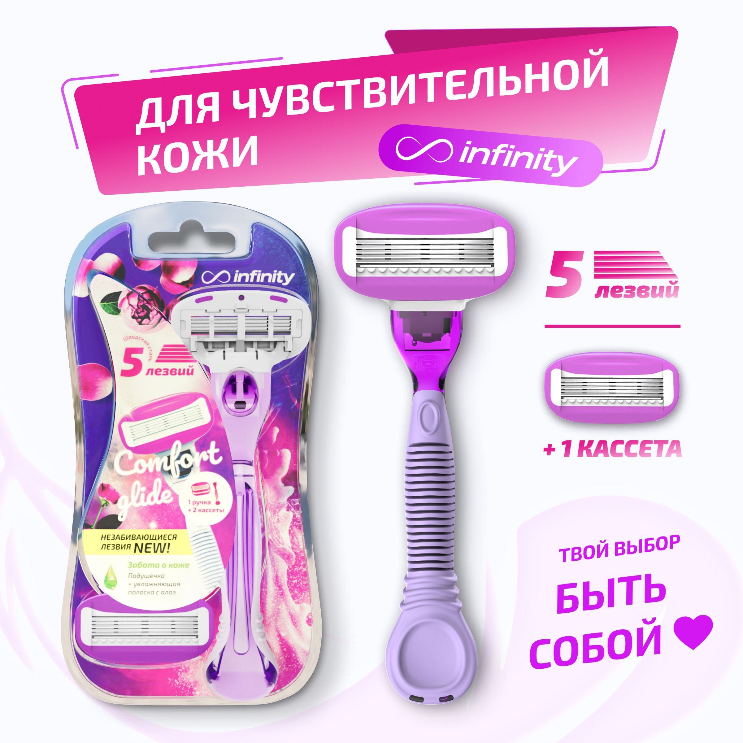 ЖенскаябритвамногоразоваяINFINITYComfortGlide.Станокдлябритьяисменнаякассетас5лезвиями,розовый