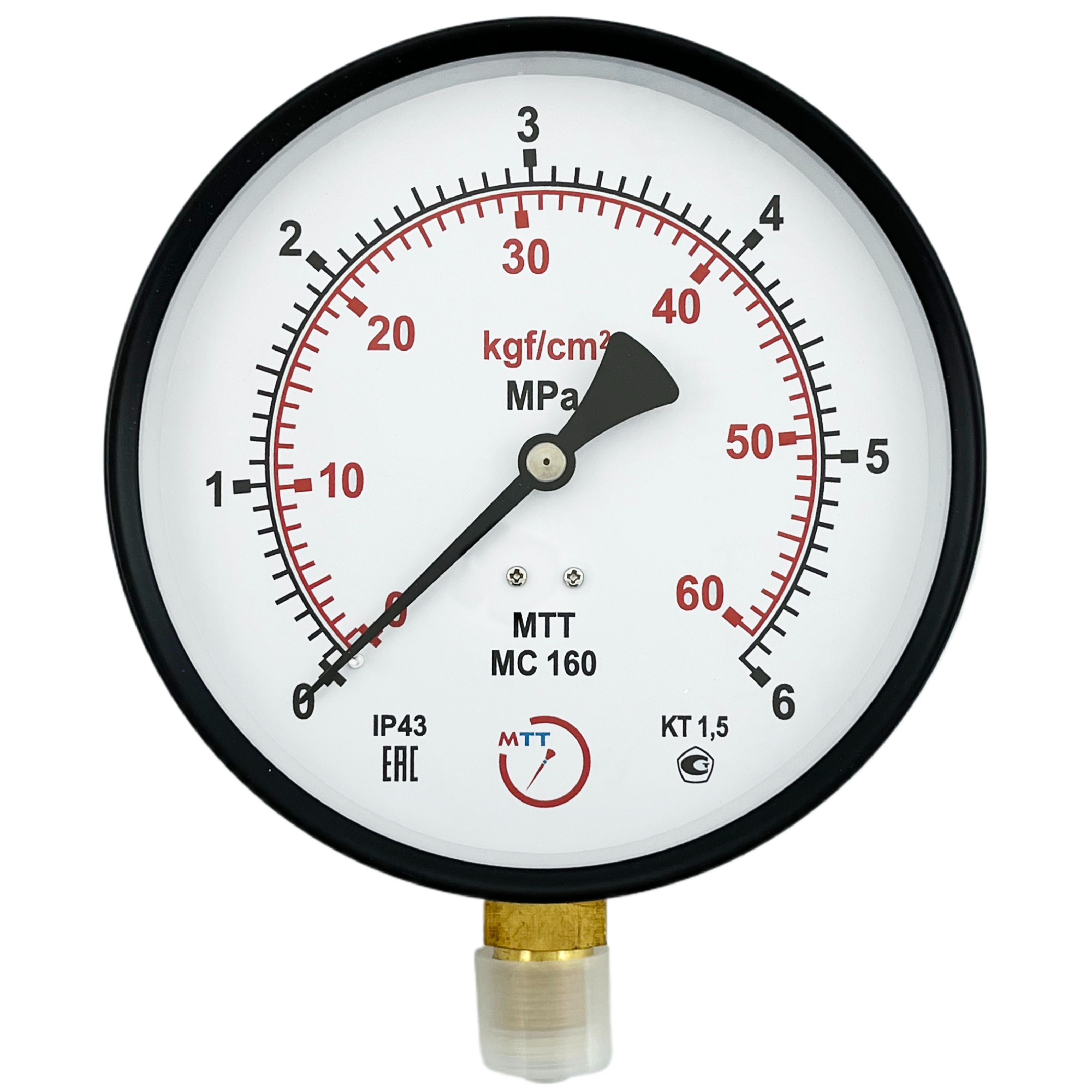 Манометр технический МС160 давление 0-6 МПа (60 бар) резьба М20х1,5 класс точности 1,5 корпус 160 мм. поверка 2 года