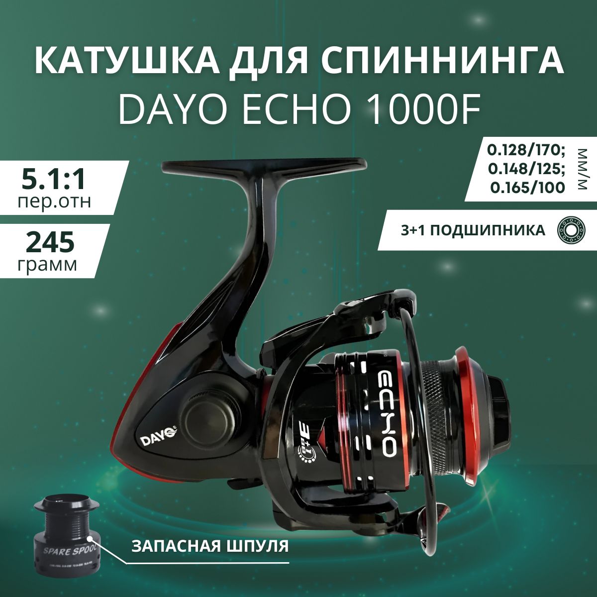 КатушкаDAYOECHO1000F,дляспиннинга,безынерционная.Катушкаспиннинговаядляпоплавочнойудочки,дляловлищуки,судака,форелииокуня(твичингиджиг)