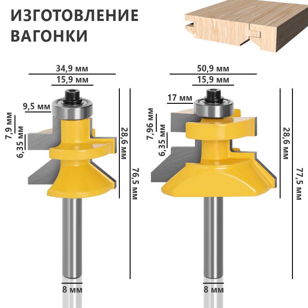 Набор фрез для изготовления вагонки, хвостовик 8 мм