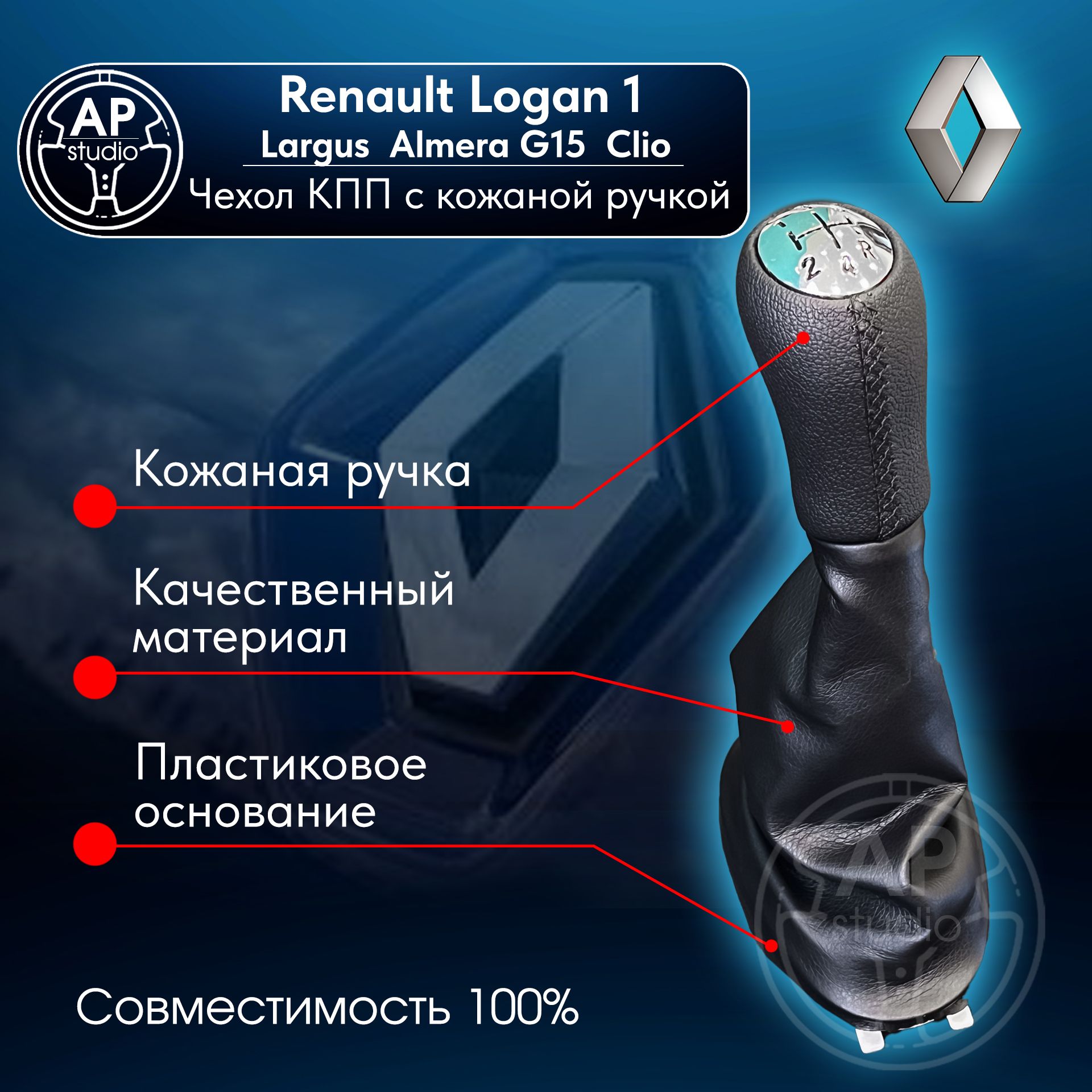 Ручка переключения передач (кожа) и чехол КПП Renault Logan 1, Largus (Рено Логан 1, Ларгус)