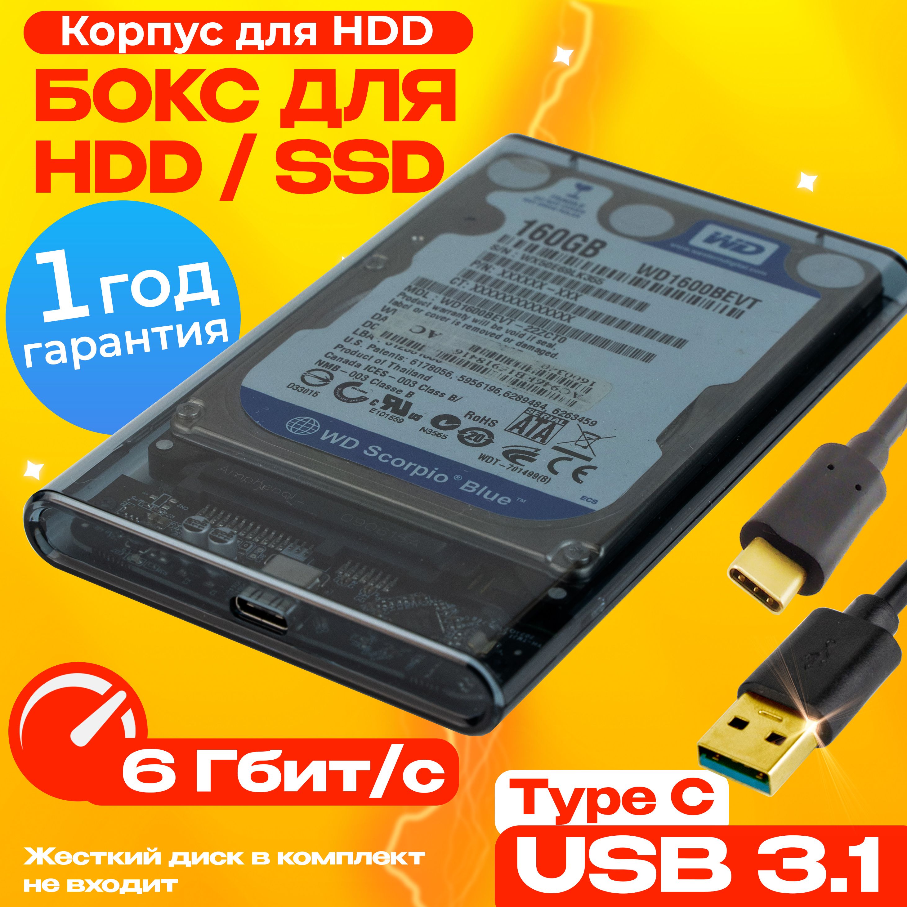 Внешнийкорпусдляжесткогодиска2.5"USBtypeC3.1/Боксдляhdd/ssdтемно-прозрачный