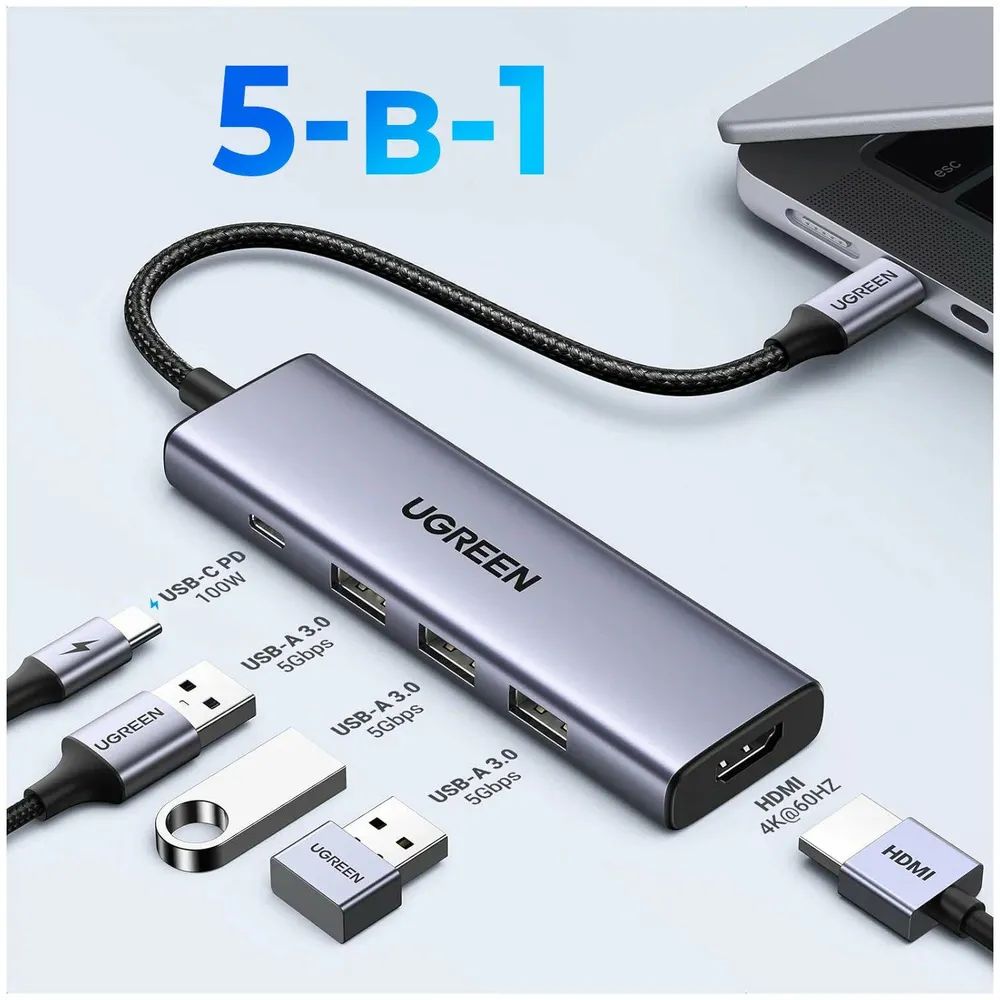 КонвертерUGREENCM511(15596)хабразветвительUSB-CHDMI+3*USB3.0+PD,серый