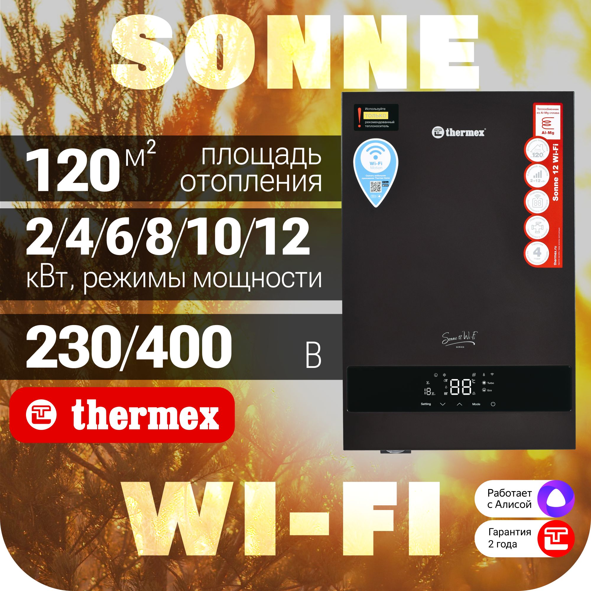 ЭлектрическийкотелTHERMEXSonne12Wi-Fi(Grey)дляотоплениядо120кв.м.,настенный