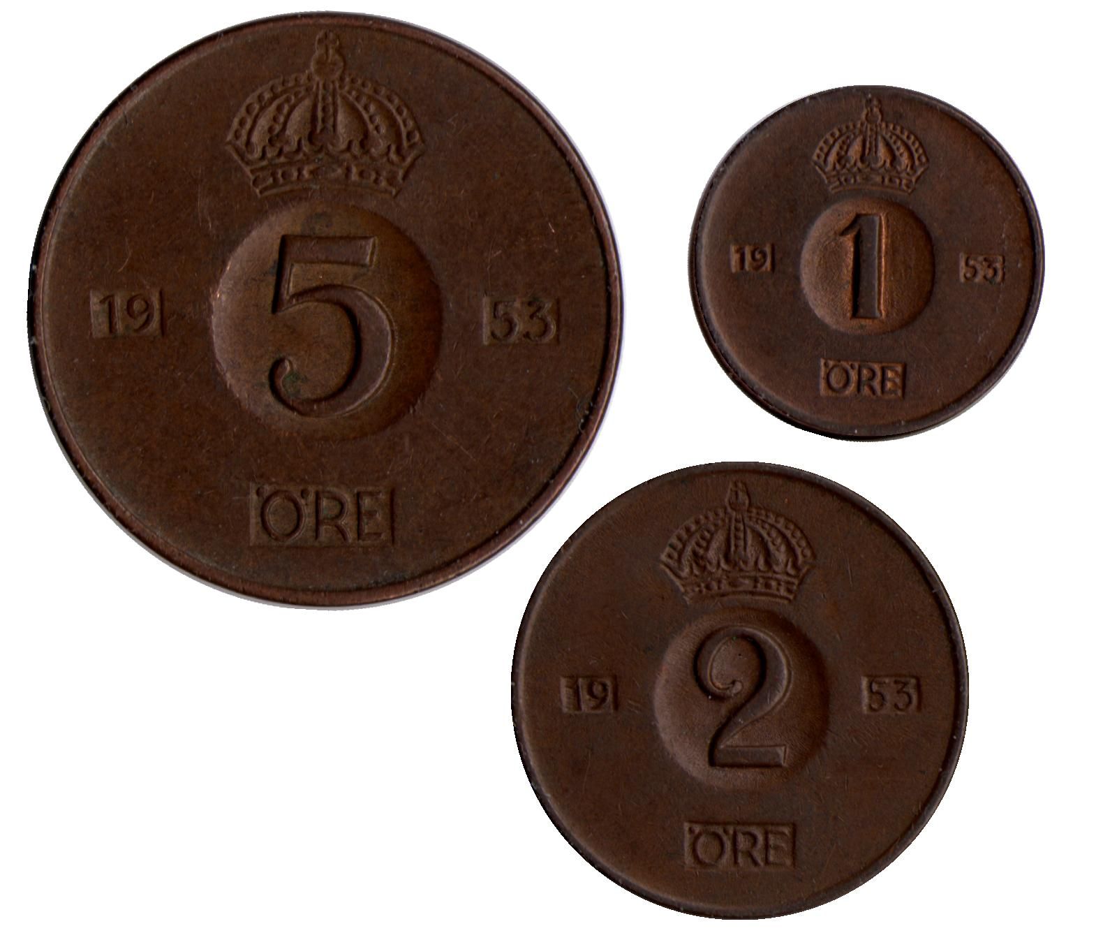 Набор монет Швеции. 3 штуки (1, 2, 5 эре). 1953 год, Швеция.