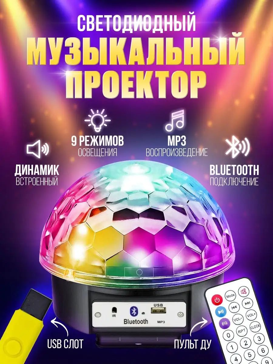 Светодиодный MP3 диско-шар с пультом управления,динамиком и флешкой,музыкальный проектор