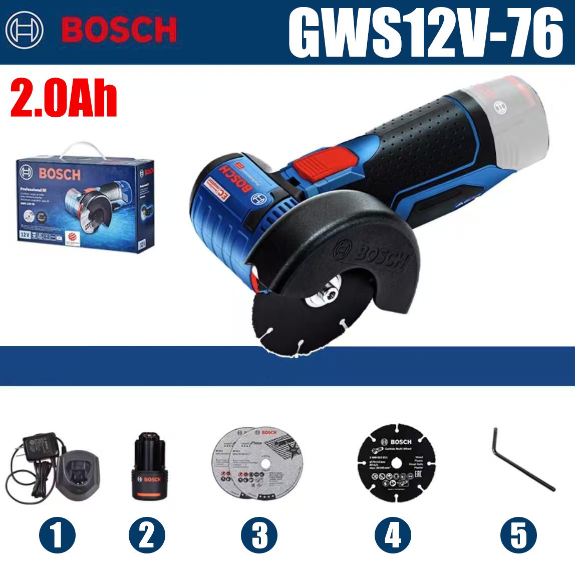 BoschGWS12V-76,1x2,0Ahаккумуляторизарядноеустройство,бесщеточныйдвигатель.