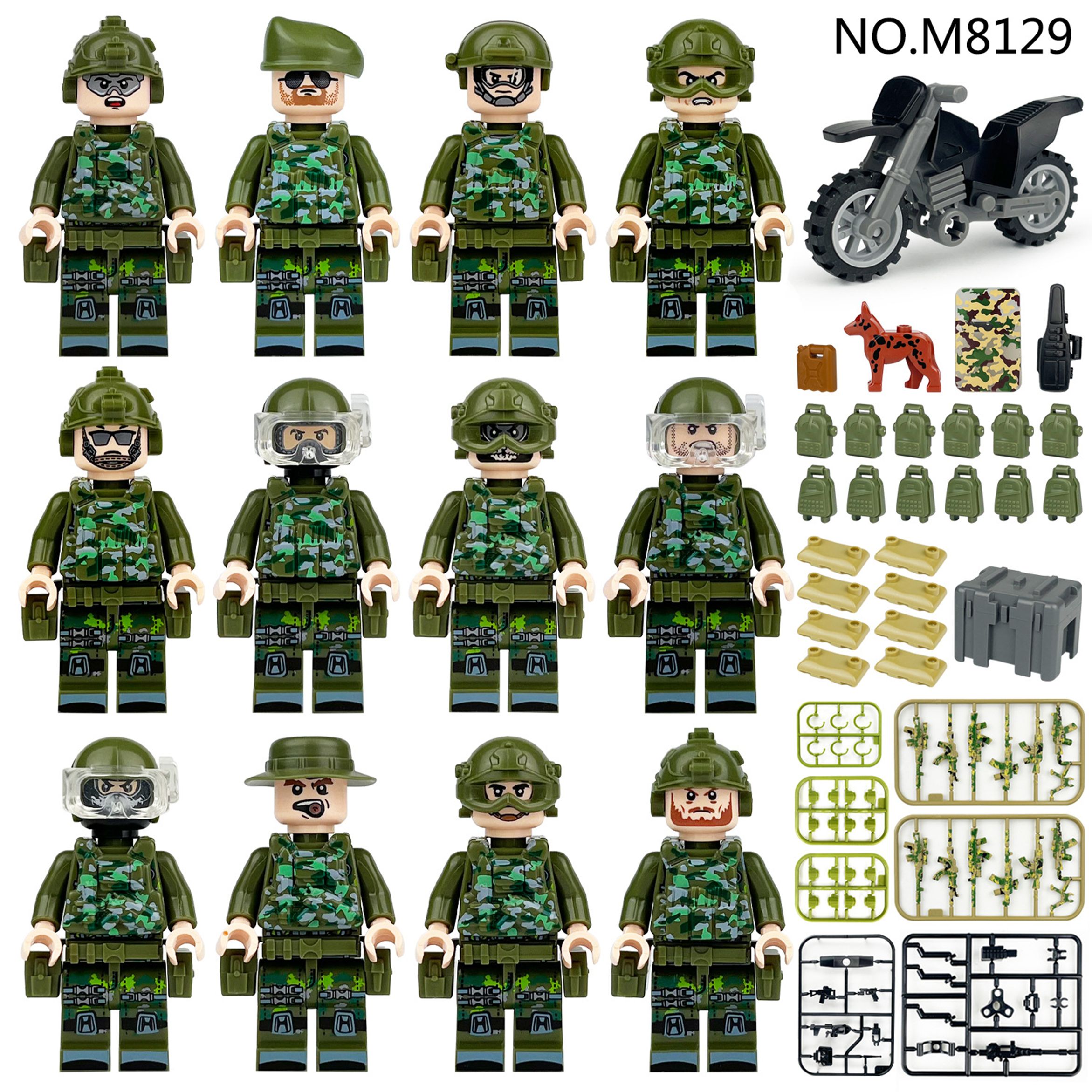 Набор минифигурок Солдаты SWAT / Мотоцикл / Спецназ Военные с оружием и аксессуарами совместимы с конструкторами лего 12шт (4.5см, пакет) M8129