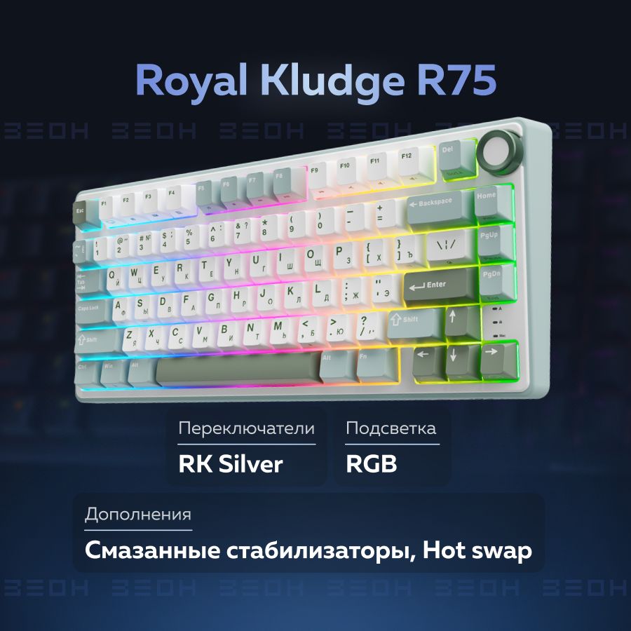 RoyalKludgeКлавиатурапроводнаяR75,(RKSilver),Русскаяраскладка,белый,зеленый