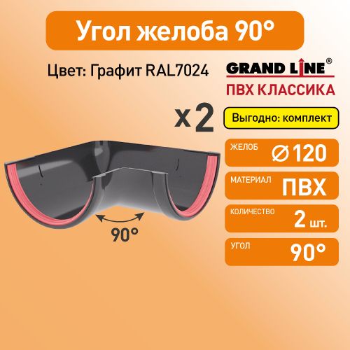 Угол желоба универсальный 90 Гранд Лайн (Классика) D120 графит RAL7024 / Водосток пластиковый Grand Line 120/90 (упаковка 2 шт)