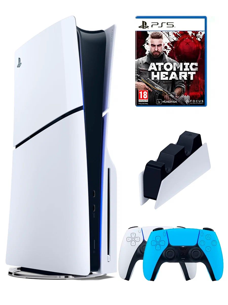 PS5 (ПС5) Игровая приставка Sony PlayStation 5 Slim +2-й геймпад(голубой)+зарядное+игра Atomic Heart, 1000ГБ