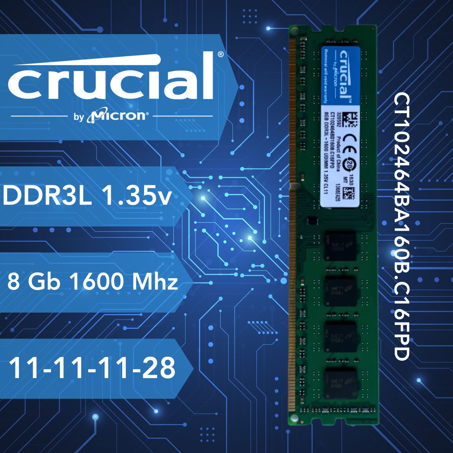 CrucialОперативнаяпамятьDDR3L1600МГцдляПК1x8ГБ(CT102464BA160B.C16FPD)