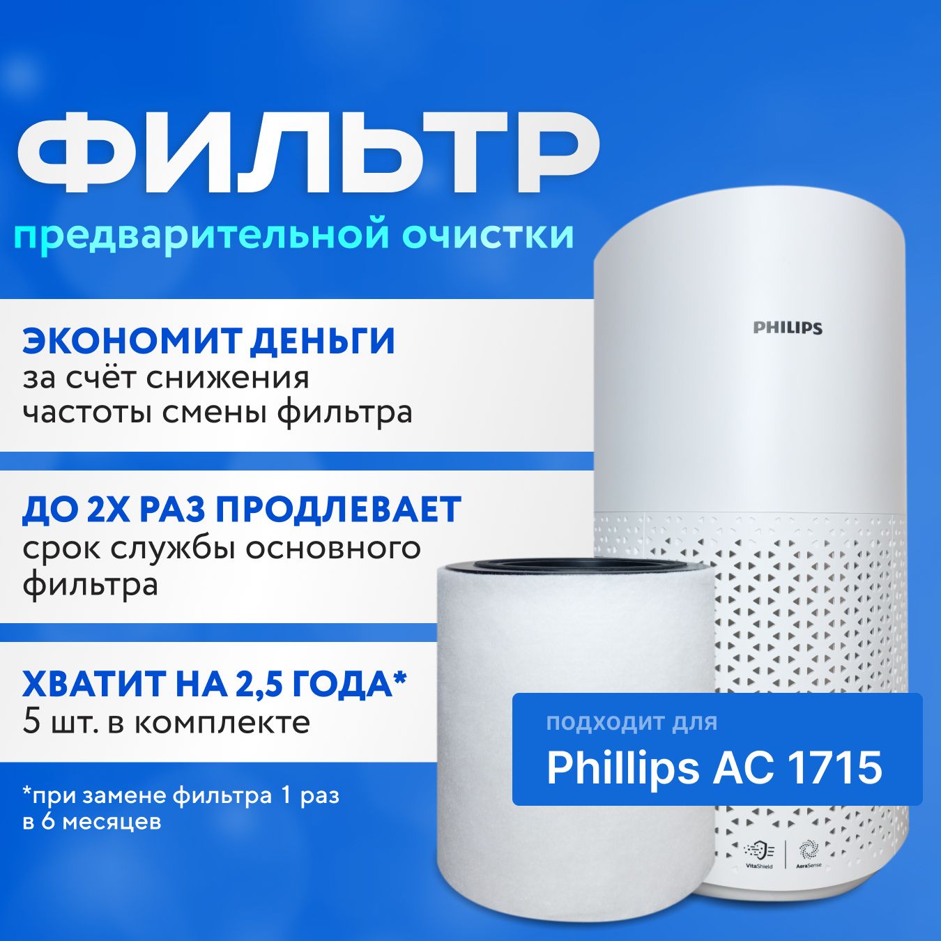 Фильтр дополнительный для очистителя воздуха PHILIPS AC 1715 air purifire предварительной очистки. Одноразовый 5 шт.