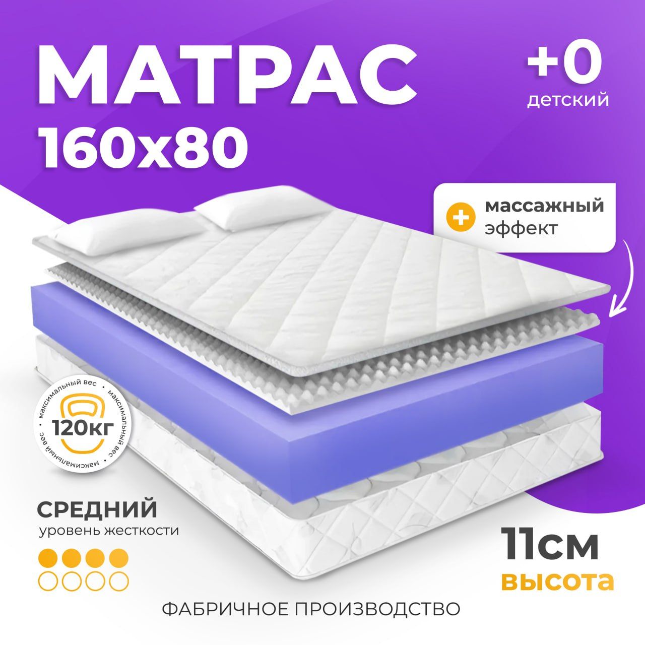 KolcraftPureSleep,Матрасбеспружинный160х80.Детскийортопедическийсмассажнымэффектом80х160х11