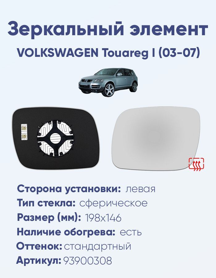 Зеркальный элемент левый VOLKSWAGEN Touareg I (03-07) сфера нейтральный с обогревом