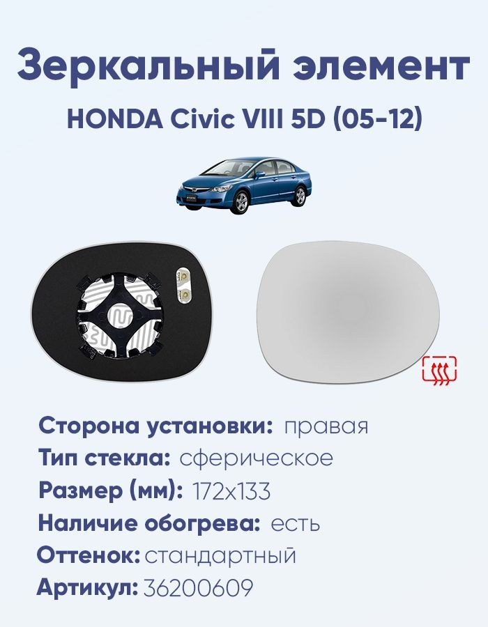 Зеркальный элемент правый HONDA Civic VIII 5D (05-12) сфера нейтральный с обогревом