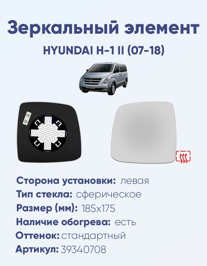 Зеркальный элемент левый HYUNDAI H-1 II (07-18) сфера нейтральный с обогревом