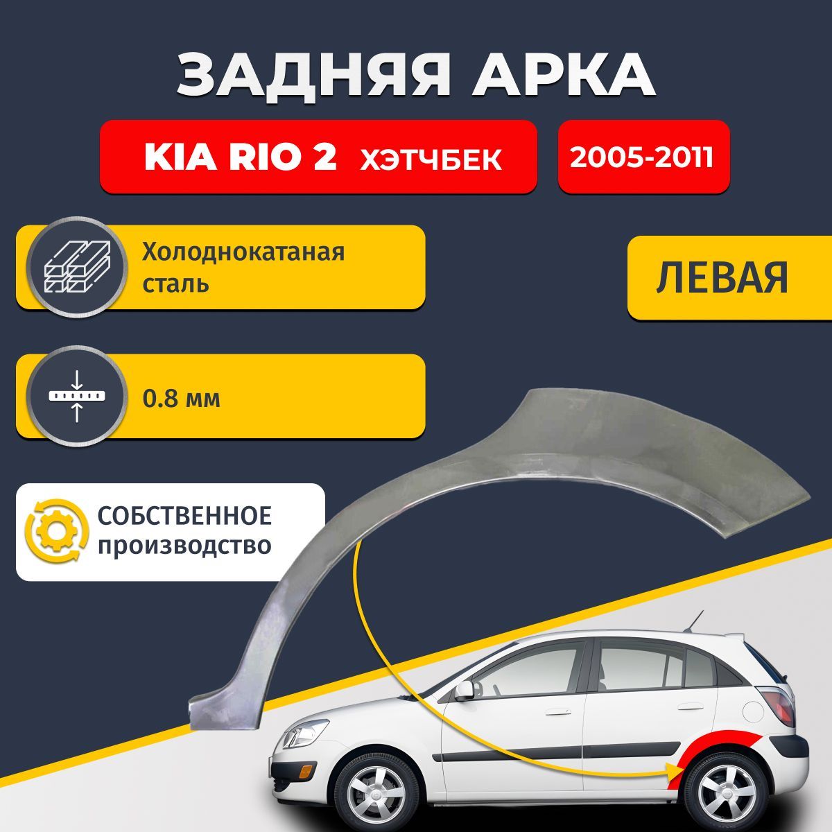 Левая задняя ремонтная арка для автомобиля Kia Rio 2 2005-2011 хэтчбек 5 дверей (Киа Рио 2). Холоднокатаная сталь 0,8мм.