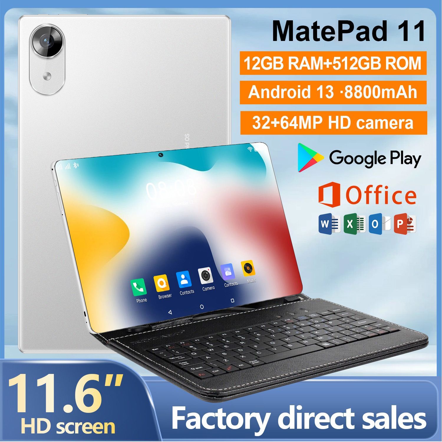 vove Планшет Игровой планшет Mate Pad11, 12+512 ГБ, 11,6 дюйма, планшет с клавиатурой, русифицированный, андроид 13, 11.6" 512 ГБ/12 ГБ, серебристый