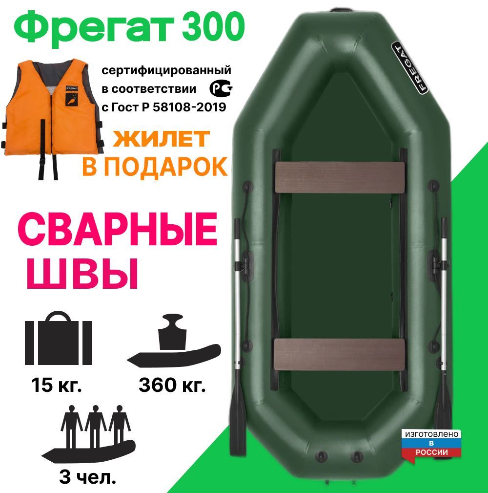 Лодка ПВХ гребная под мотор Фрегат М-5 Оптима, 300 см, Сварные швы, зелёная